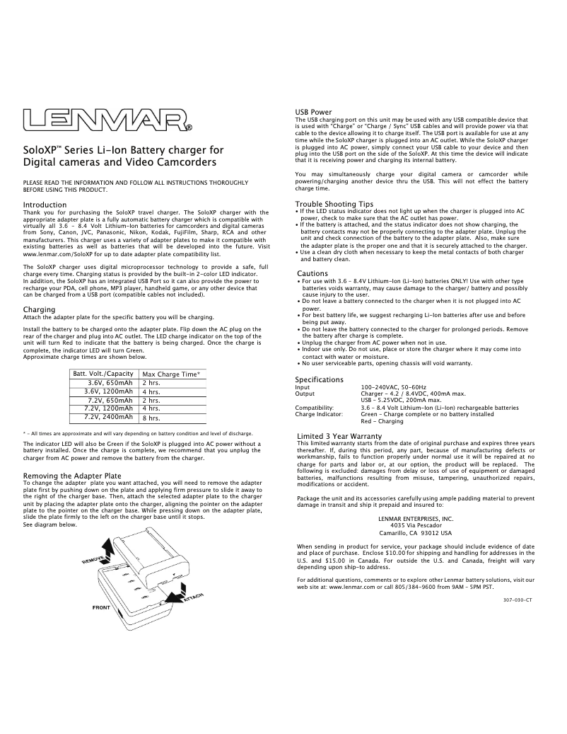 Page 1 de la notice Manuel utilisateur Lenmar SOLOXP-A2
