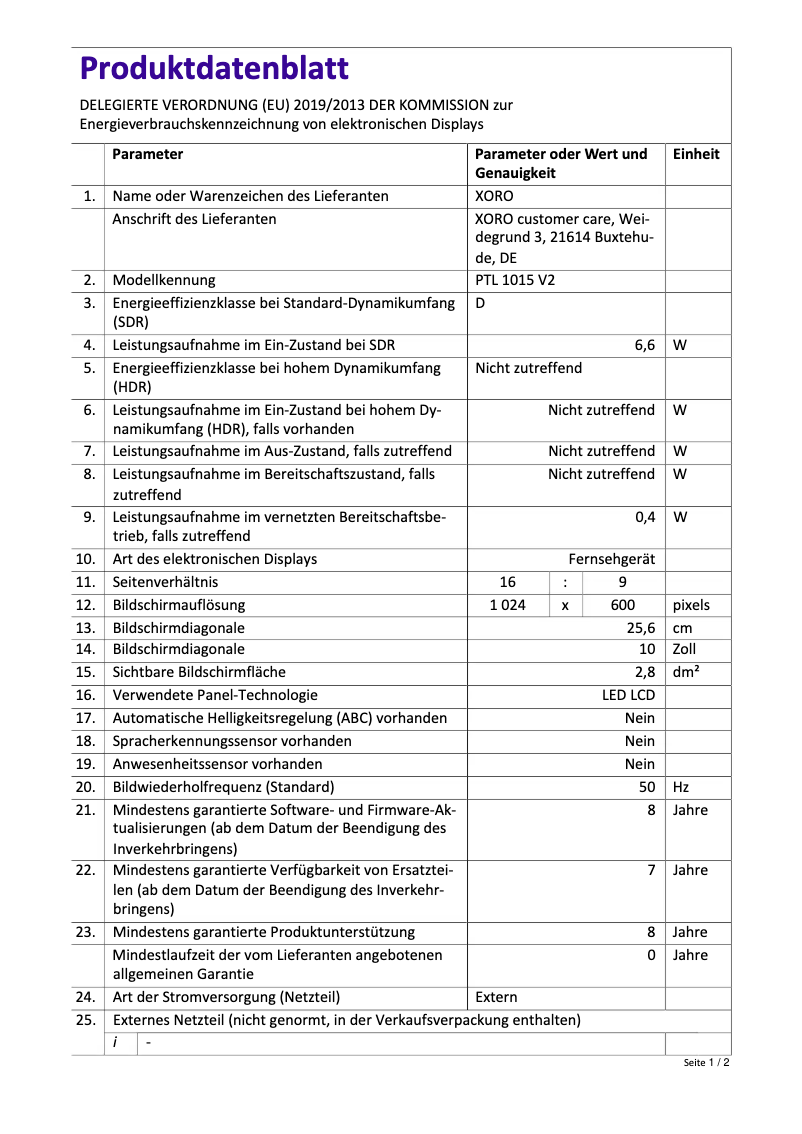 Page 1 of the manual Energy Label Xoro PTL 1015 V2
