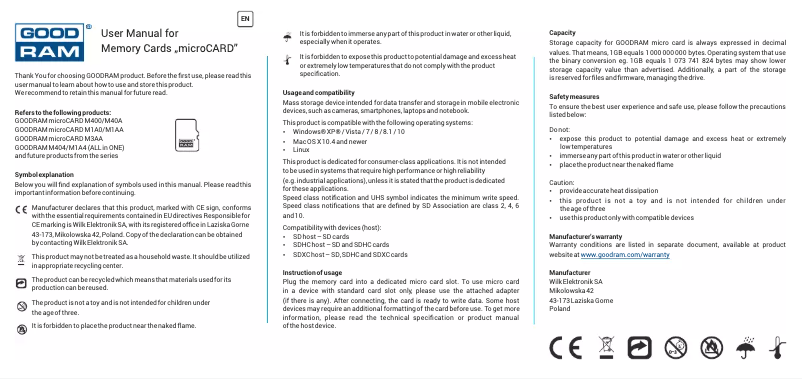 Page 1 de la notice Manuel utilisateur Goodram M1A0-0160R12