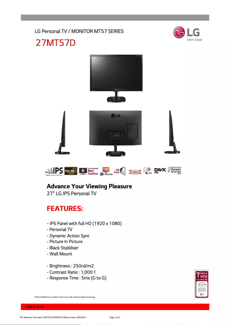 Página 1 del manual Ficha técnica LG 27MT57D