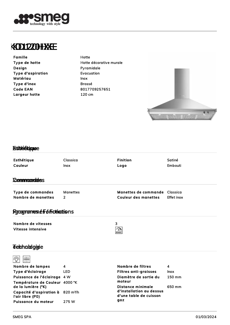 Page n°1 - Fiche technique Smeg KD120HXE