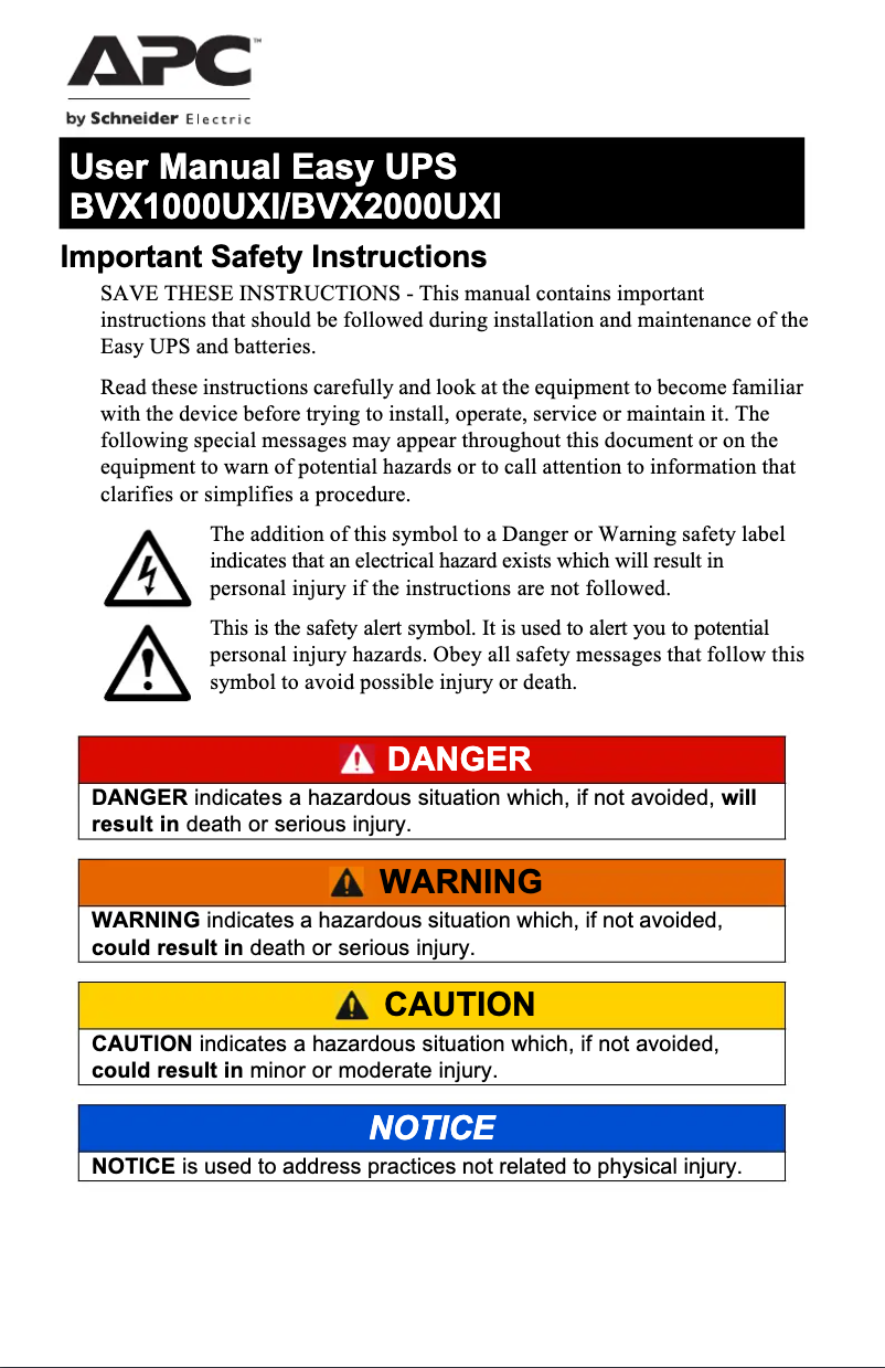 Page n°1 - Manuel utilisateur APC Easy UPS BVX1000UXI