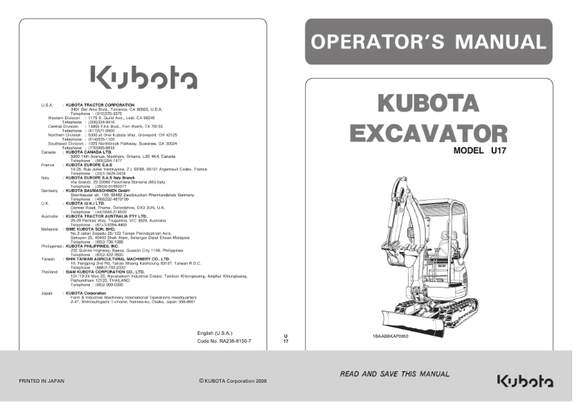 Page 1 de la notice Manuel utilisateur Kubota U17-HGS