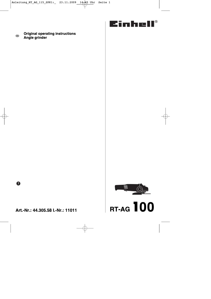 Page 1 de la notice Manuel utilisateur Einhell RT-AG 100