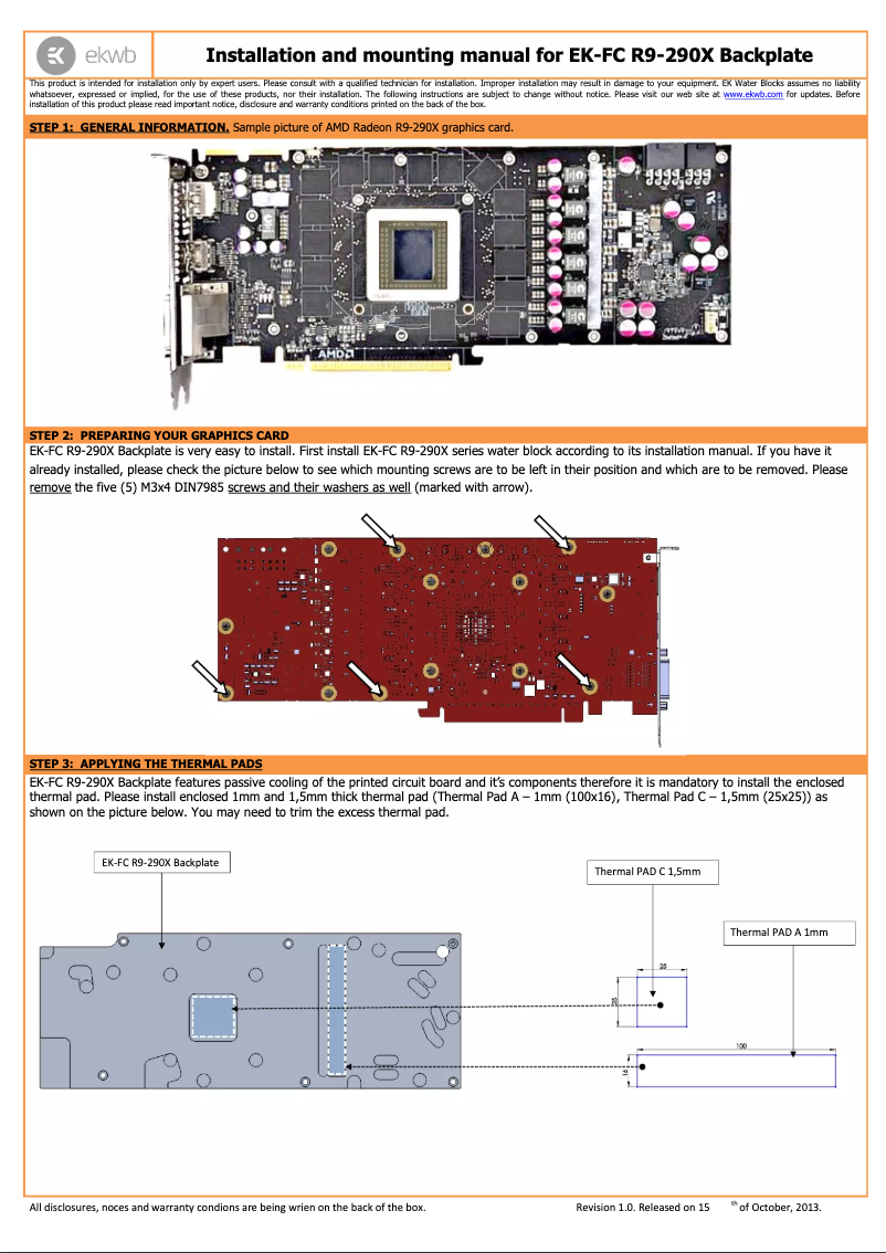 Page 1 de la notice Manuel utilisateur EK Water Blocks EK-FC R9-290X DCII