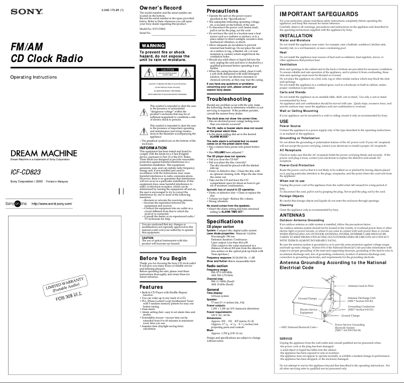 Page 1 de la notice Manuel utilisateur Sony ICF-CD823