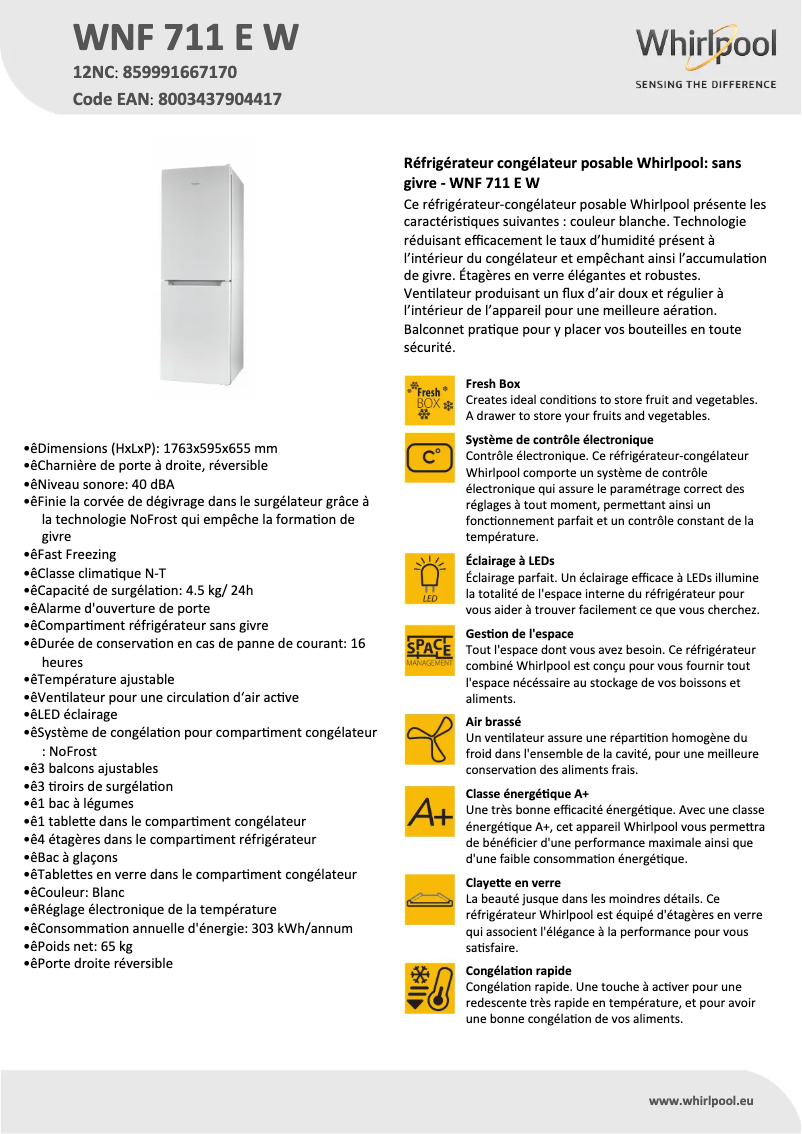 Page n°1 - Fiche technique Whirlpool WNF 711 E W
