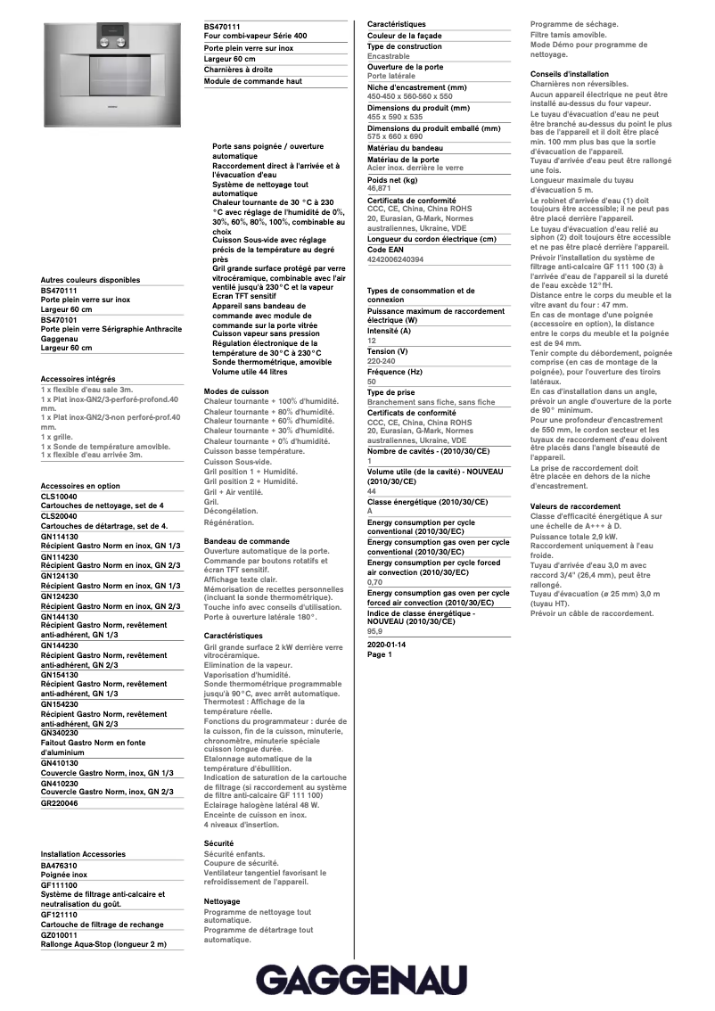 Page 1 de la notice Fiche technique Gaggenau BS470111