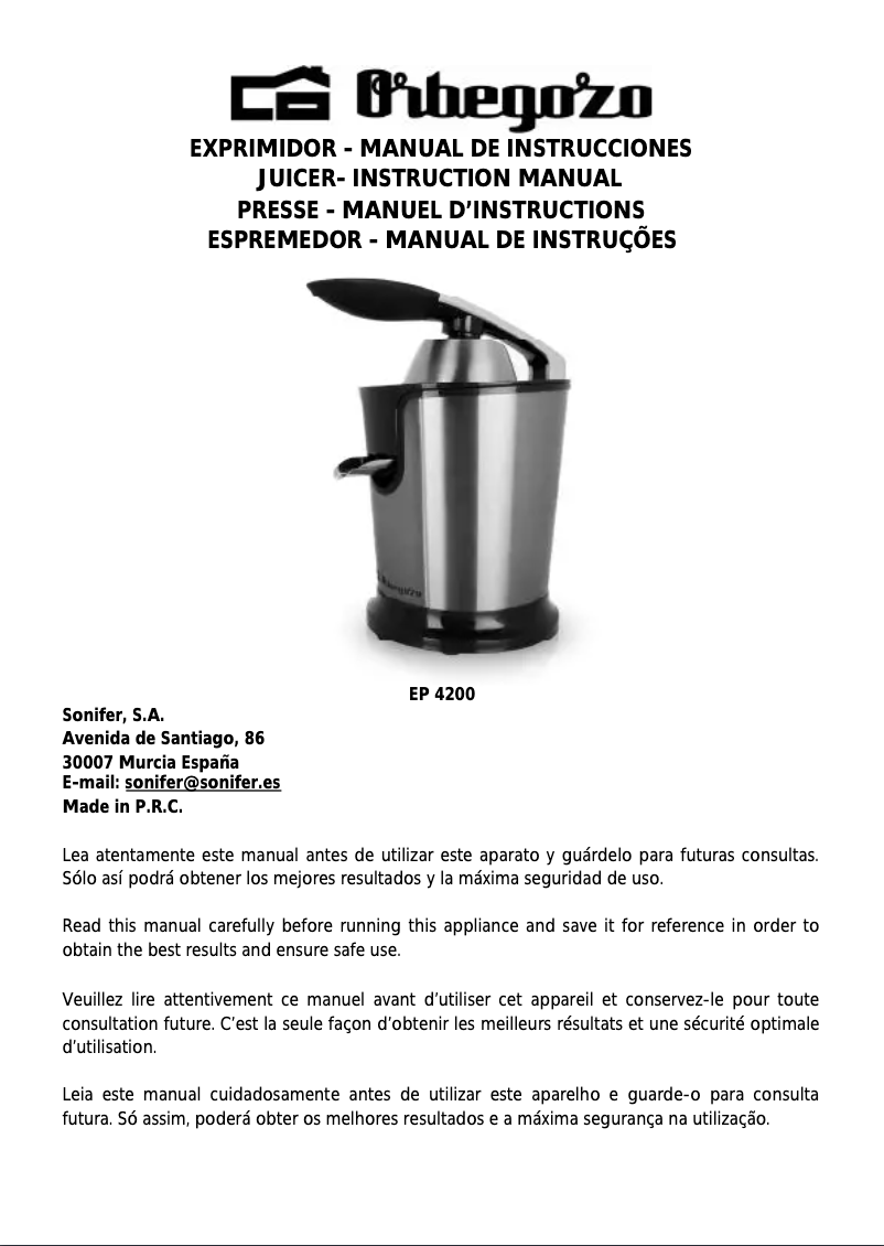 Page 1 de la notice Manuel utilisateur Orbegozo EP 4200