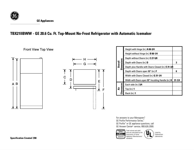 Page 1 de la notice Fiche technique GE TBX21IIBWW