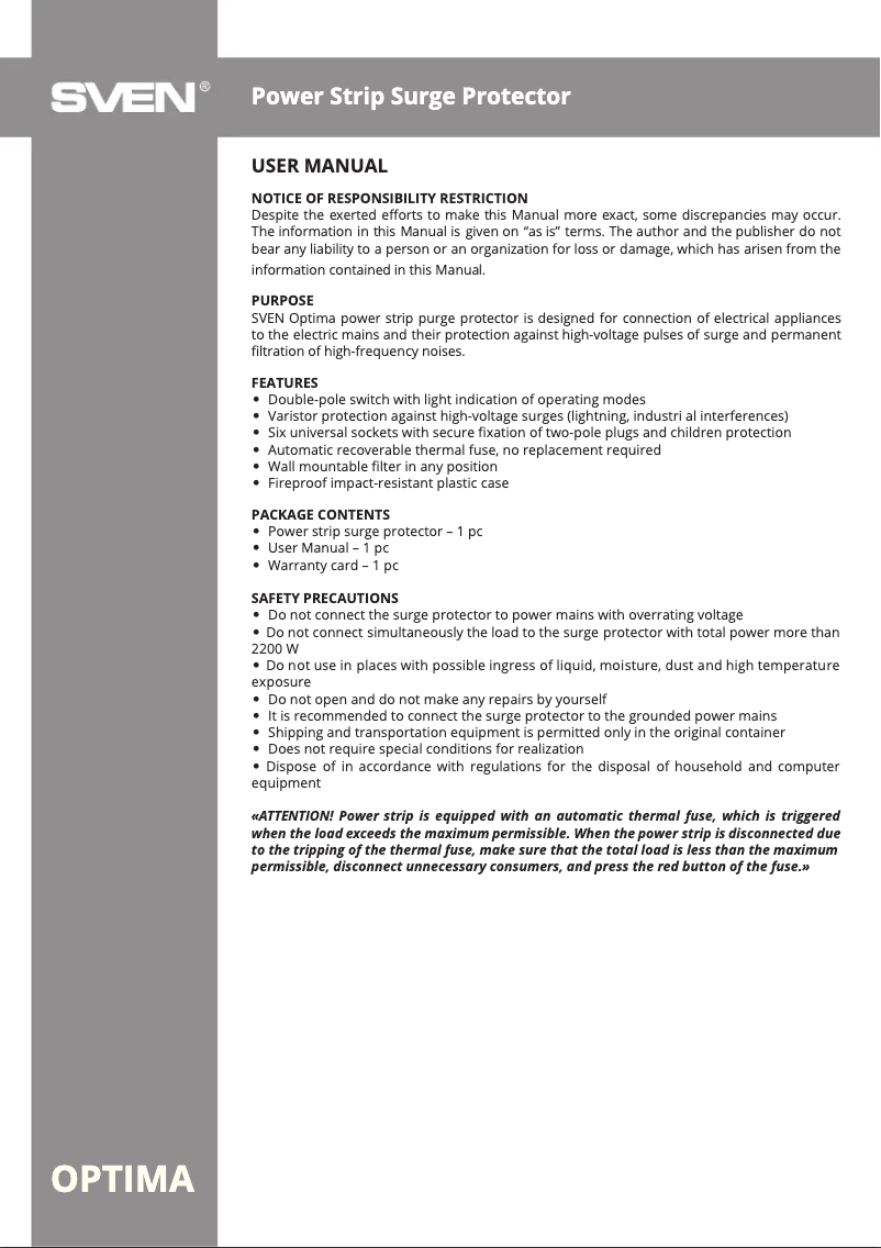 Page 1 de la notice Manuel utilisateur Sven Optima 6