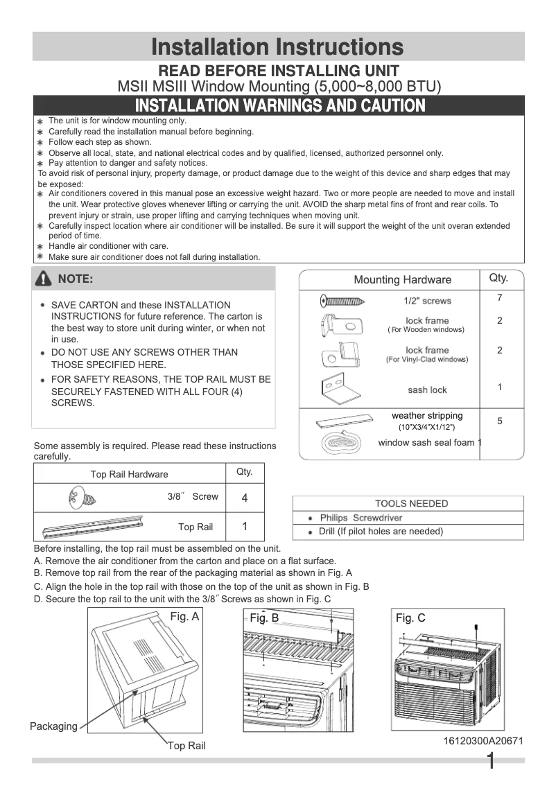 Page n°1 - Guide d'installation Frigidaire FHWW123WBE