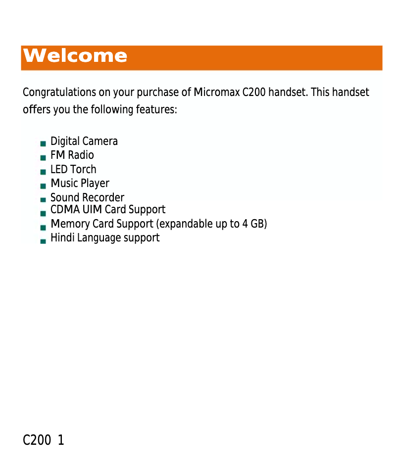 Page 1 de la notice Manuel utilisateur Micromax C200