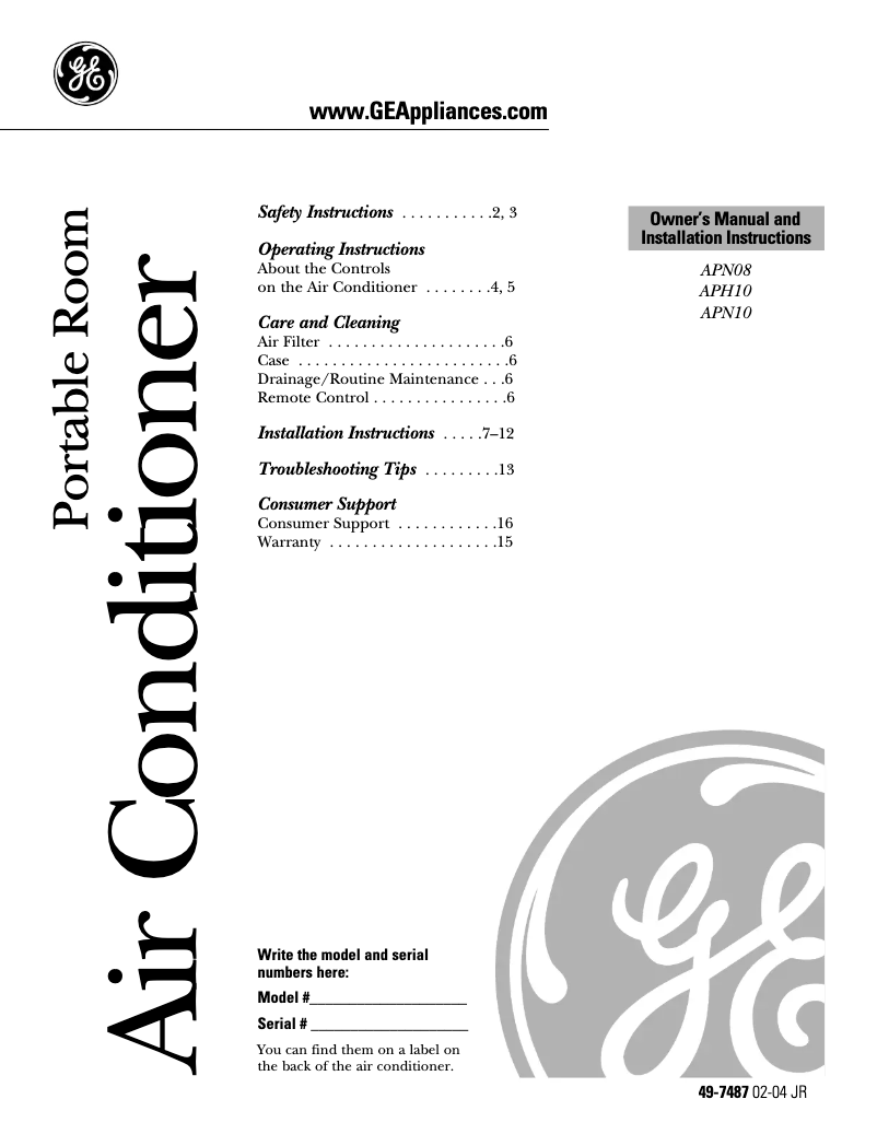 Page n°1 - Manuel utilisateur GE APH10AA