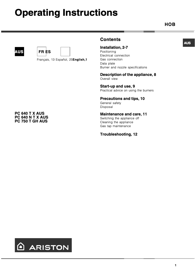 Page n°1 - Manuel utilisateur Ariston Thermo PC 640 TGH