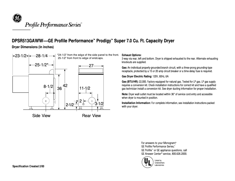 Page 1 de la notice Fiche technique GE Profile Prodigy DPSR513GAWW