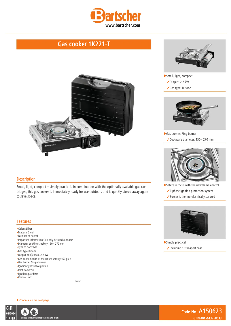 Página 1 del manual Ficha técnica Bartscher K221