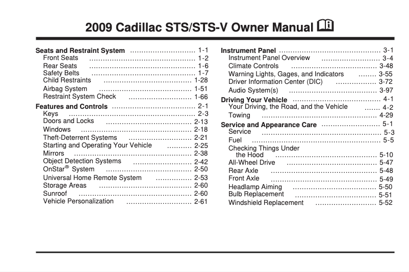 Page 1 de la notice Manuel utilisateur Cadillac STS Sedan (2009)