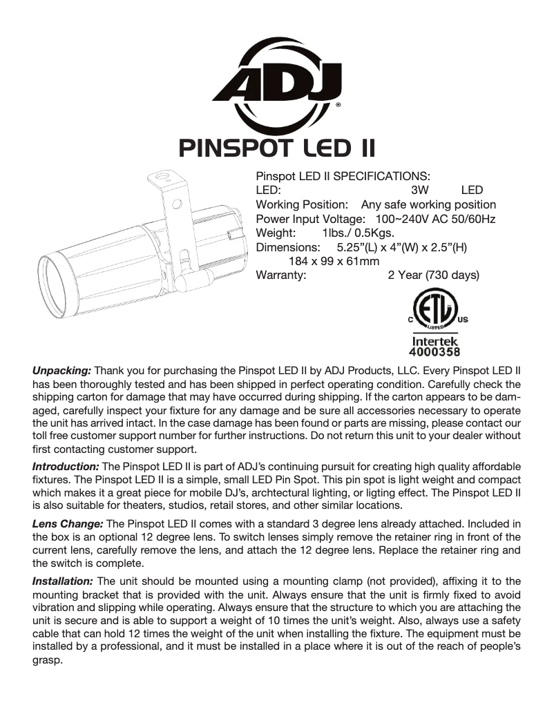 Page 1 de la notice Manuel utilisateur American DJ Pinspot LED II