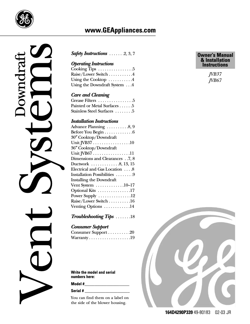 Page 1 of the manual Use and Maintenance Manual GE Profile JVB67ACC