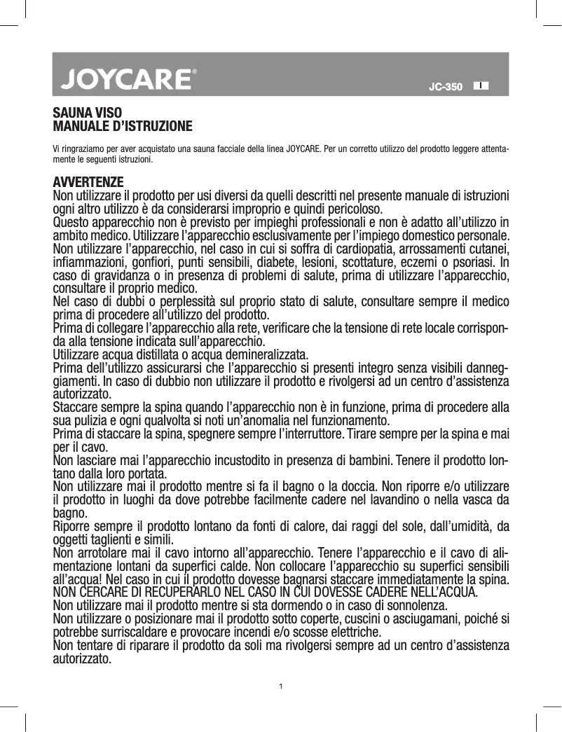 Page 1 de la notice Manuel utilisateur Joycare Steam Beauty JC-350