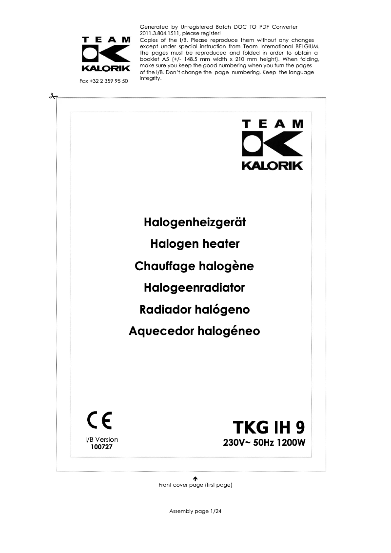 Page n°1 - Manuel utilisateur Kalorik TKG IH 9