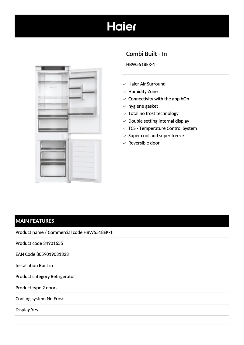 Page 1 de la notice Fiche technique Haier HBW5518EK