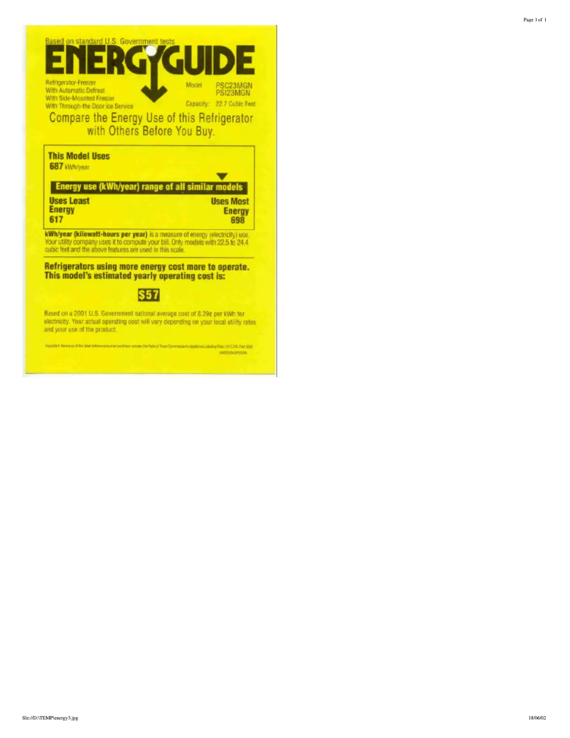 Page n°1 - Label énergétique GE PSI23MGNWW