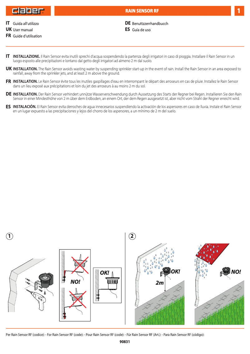 Page n°1 - Manuel utilisateur Claber Rain Sensor RF 90915