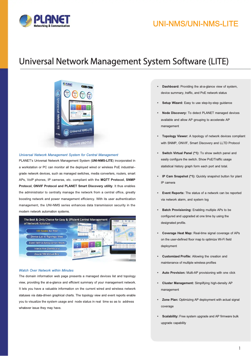 Page 1 de la notice Fiche technique Planet UNI-NMS-LITE
