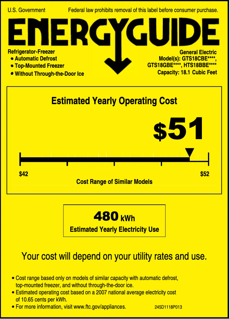 Page n°1 - Label énergétique GE GTS18CBEWW