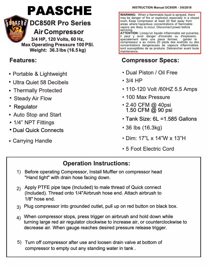 Page n°1 - Manuel utilisateur Paasche DC850R