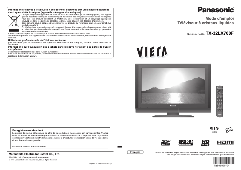 Image de la première page du manuel de l'appareil Viera TX-32LX700F