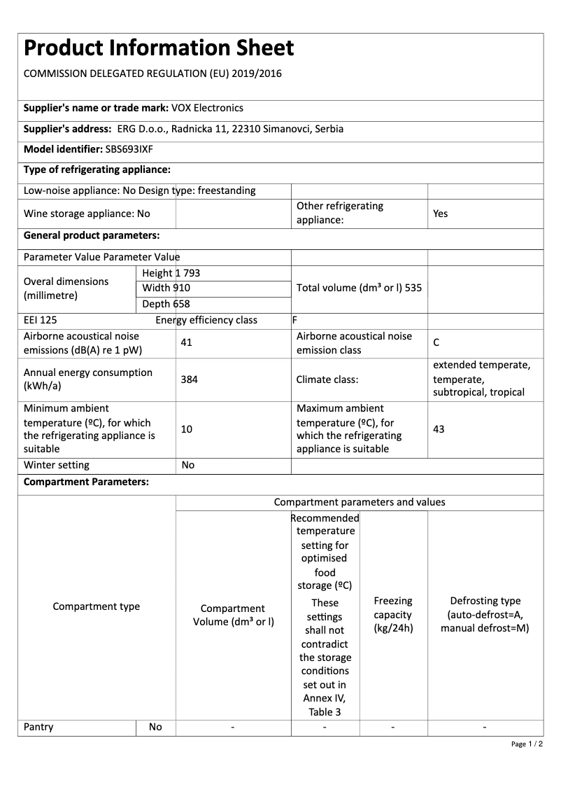 Page 1 de la notice Manuel utilisateur VOX SBS693IXF