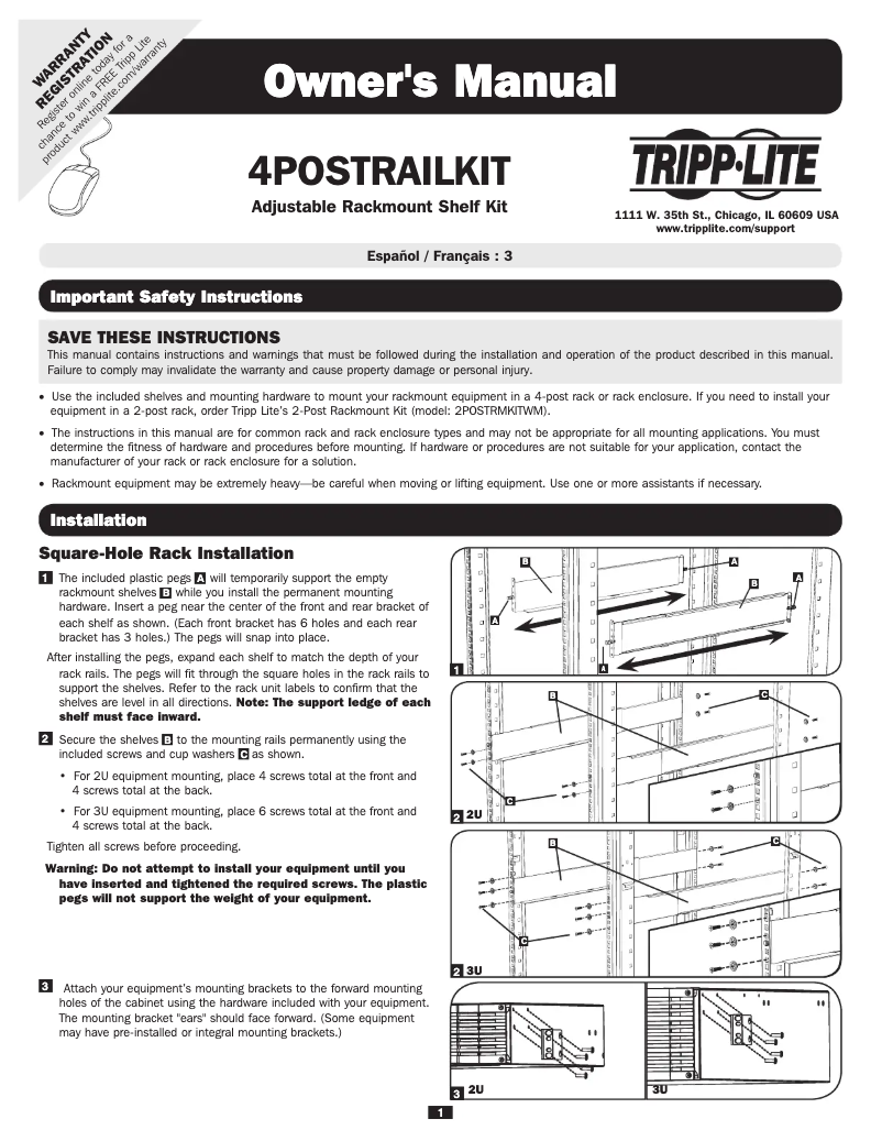Página 1 del manual Manual de usuario Tripp Lite SmartRack 4POSTRAILKIT