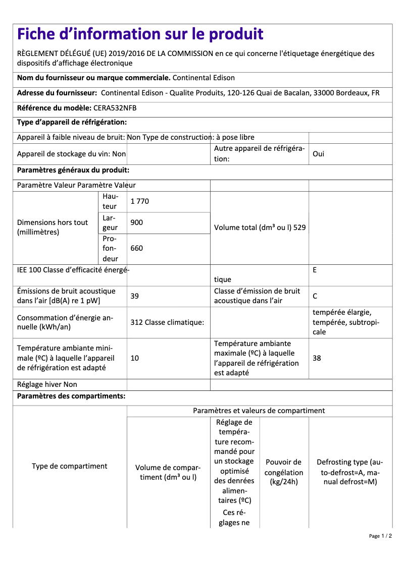 Page n°1 - Label énergétique Continental Edison CERA532NFW