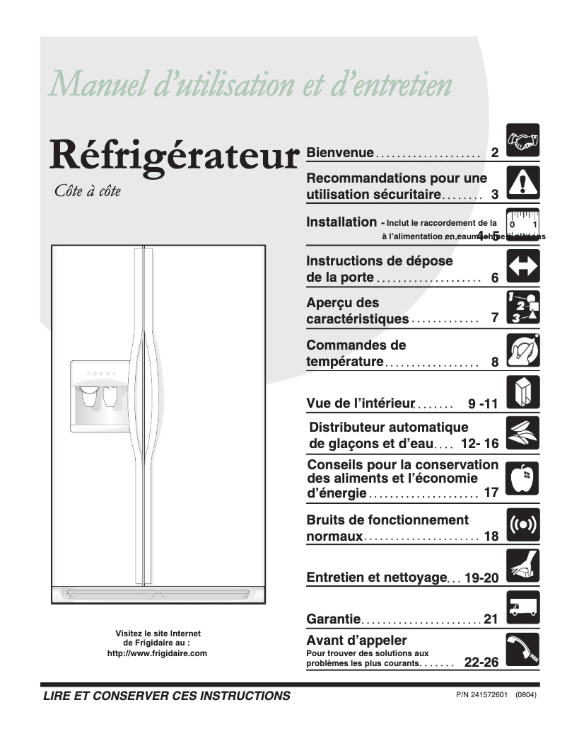 Page 1 de la notice Manuel utilisateur Frigidaire GLRS237ZDB