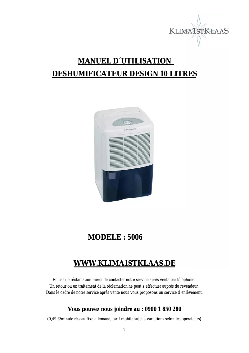 Page 1 de la notice Manuel utilisateur Klima1stKlaas 5006