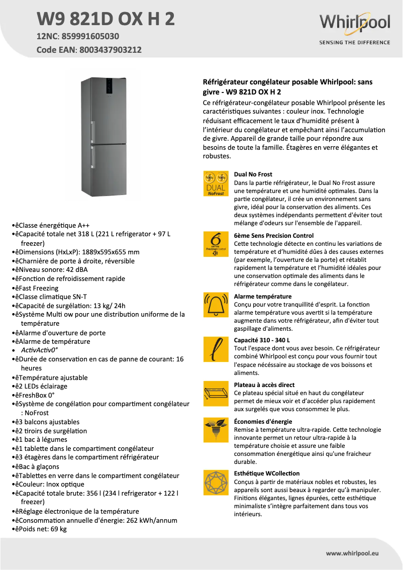 Página 1 del manual Ficha técnica Whirlpool W9 821D OX H