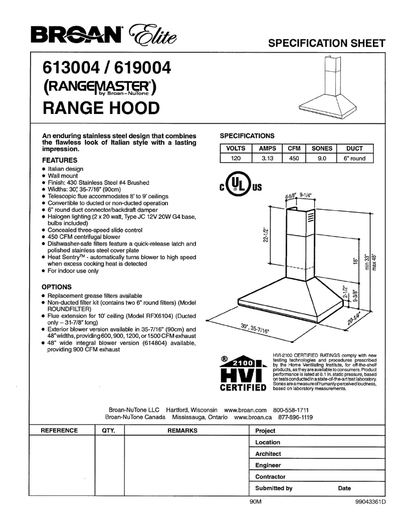 Page 1 de la notice Fiche technique Broan 613004