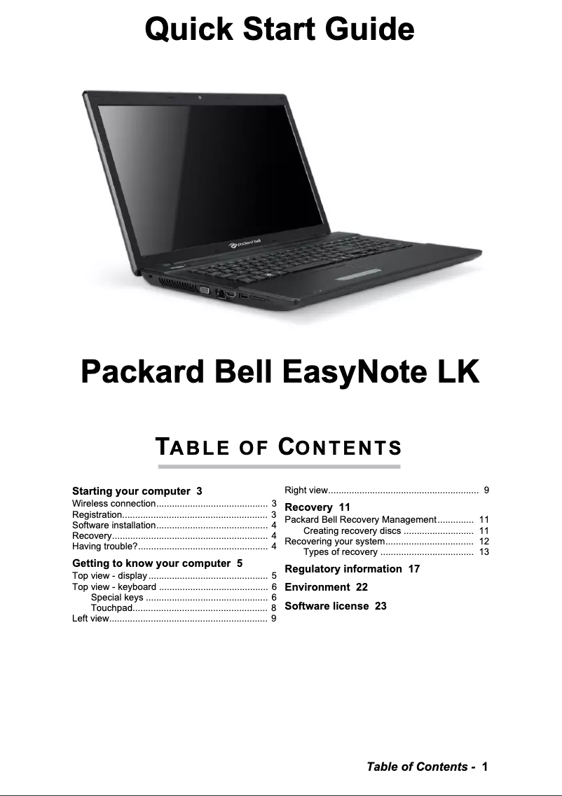 Page 1 de la notice Manuel utilisateur Packard Bell EasyNote LK