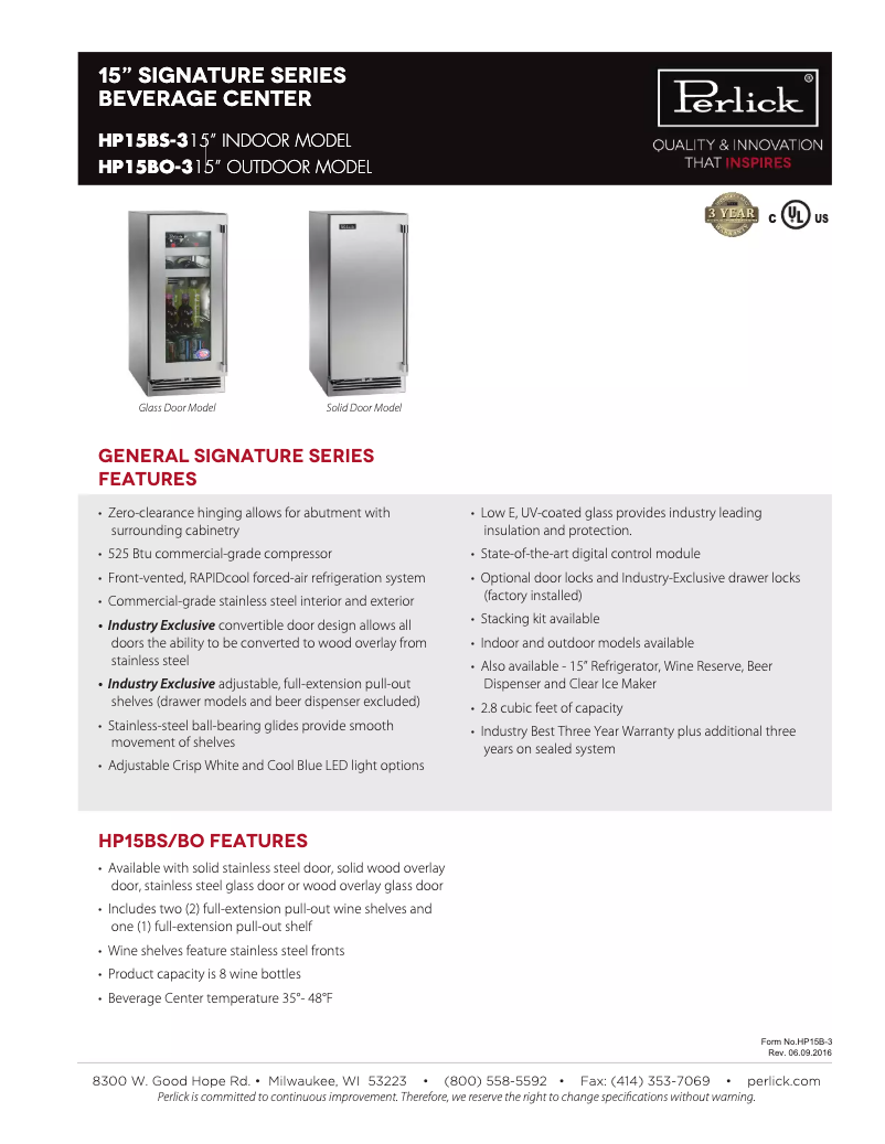 Page n°1 - Fiche technique Perlick Signature Series HP15BS-3-3L