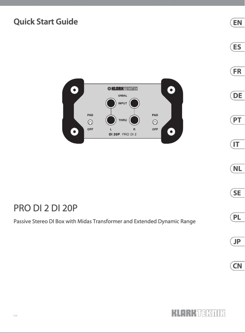 Page 1 de la notice Guide de démarrage rapide Klark Teknik PRO DI 20P