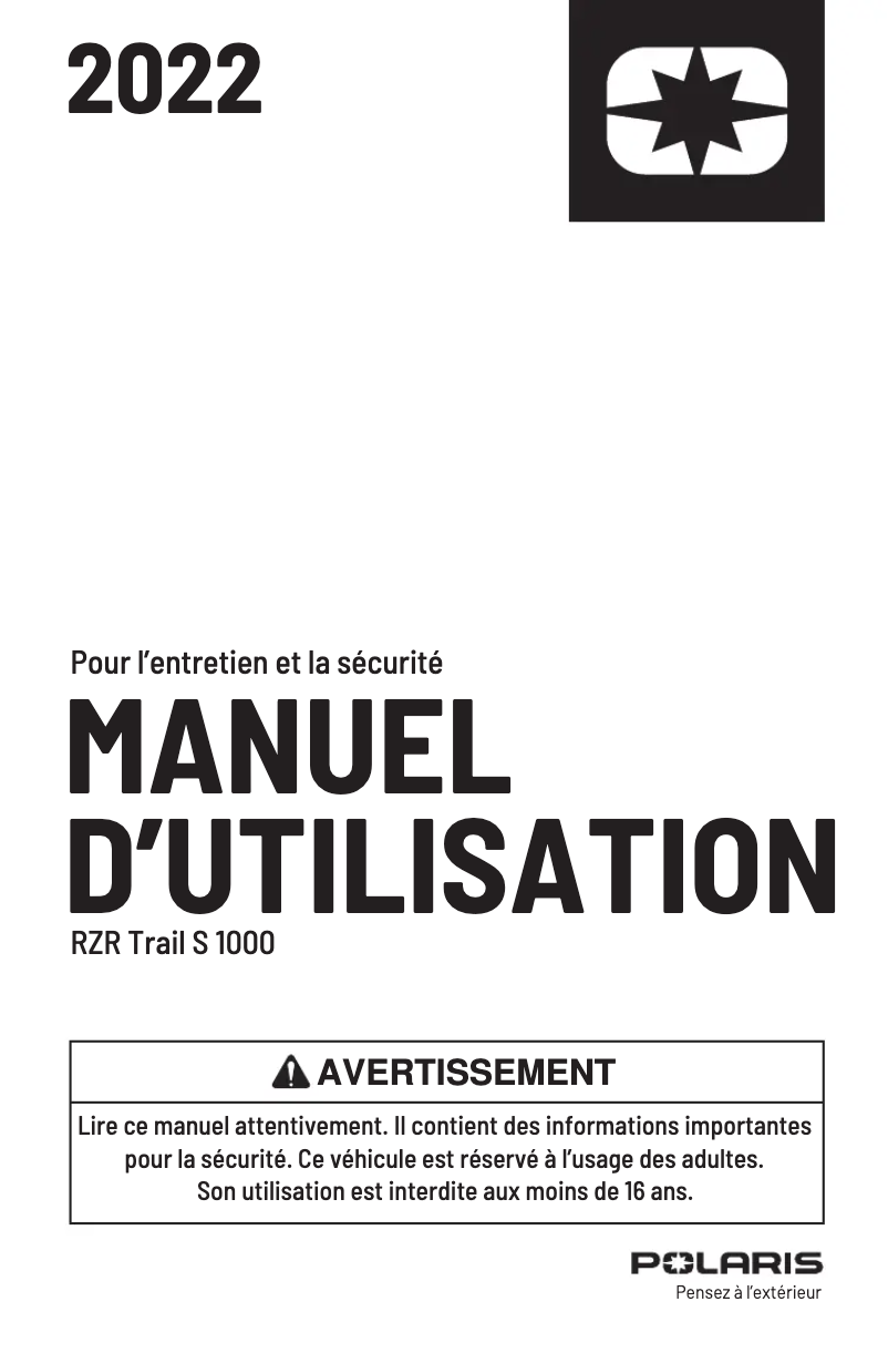 Page 1 de la notice Manuel utilisateur Polaris RZR Trail S 1000 (2022)