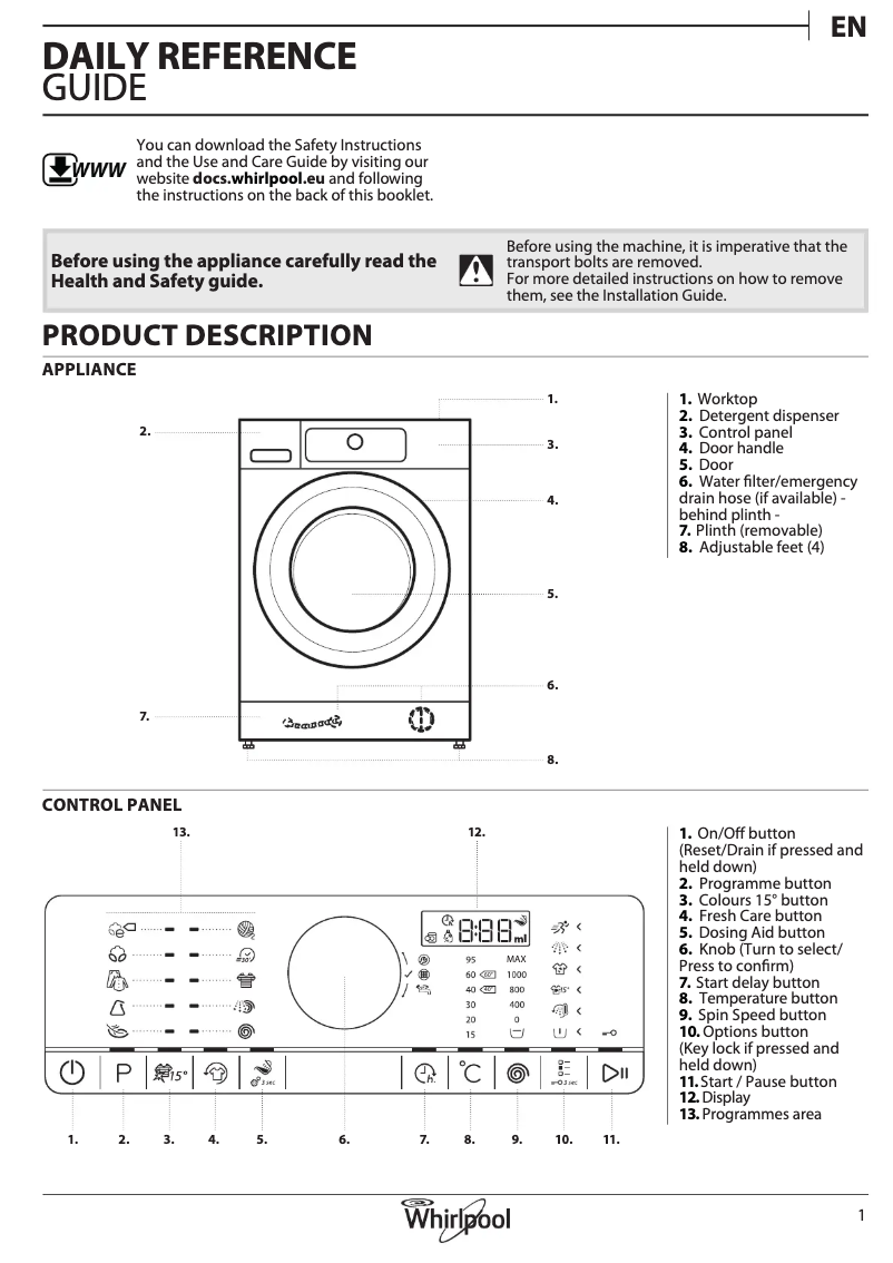 Page 1 de la notice Manuel utilisateur Whirlpool Supreme Care 8014