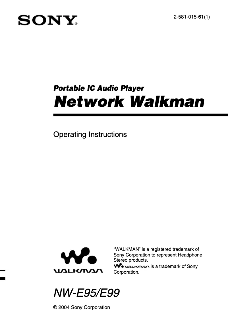Image de la première page du manuel de l'appareil Walkman NW-E99