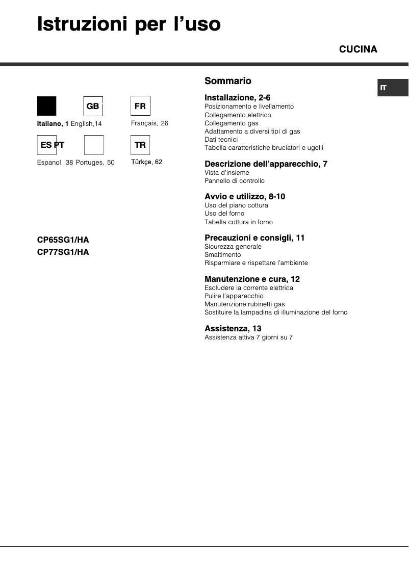 Page 1 de la notice Manuel utilisateur Hotpoint Ariston CP77SG1 /HA