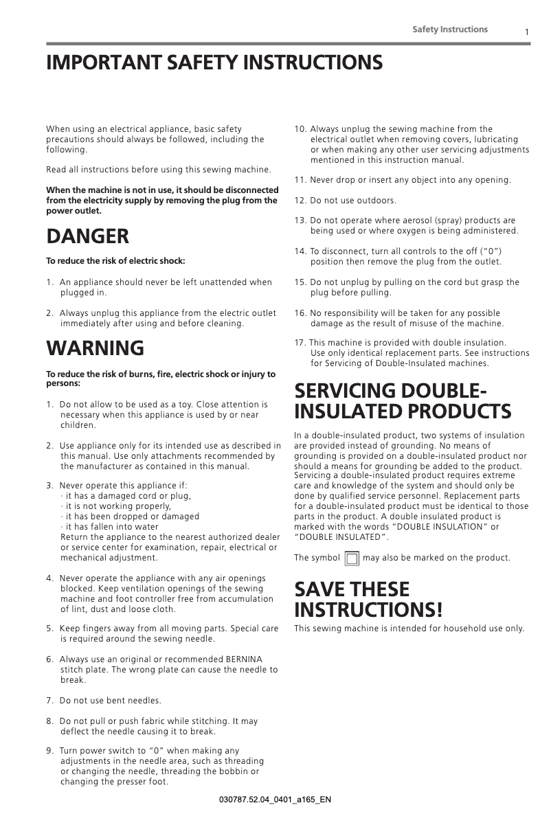 Page n°1 - Manuel utilisateur Bernina Artista 165