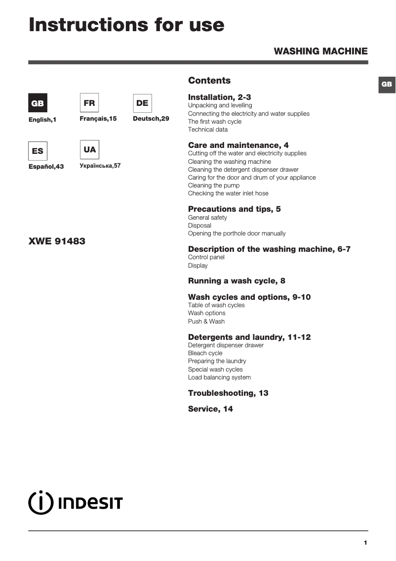 Image de la première page du manuel de l'appareil XWE 91483