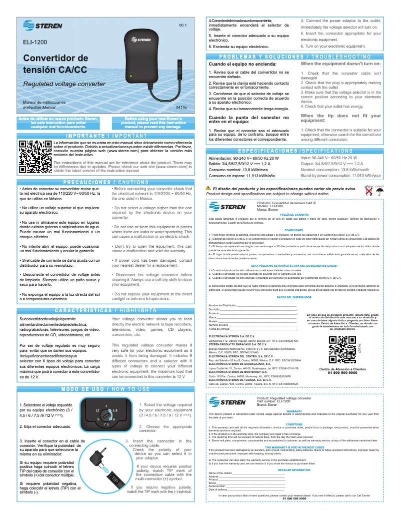 Page n°1 - Manuel utilisateur Steren ELI-1200